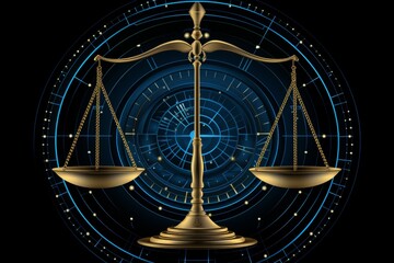 Vector illustration of the zodiac sign libra glowing in blue color on a black background