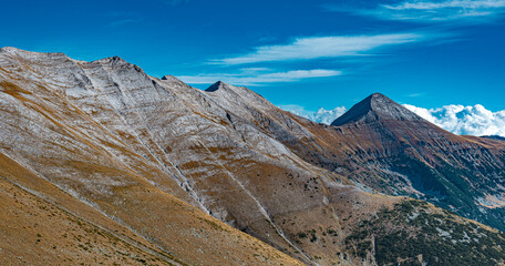 View of the Vihren peak from the Sukhodolsky pass. Trekking route to Bansko - Yavorov hut - Vihren hut.