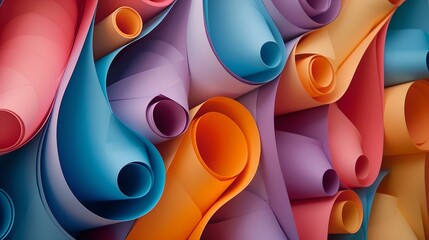Colorful abstract curved paper rolls, artistic design concept for creative backgrounds or wallpapers. vibrant and playful arrangement. AI