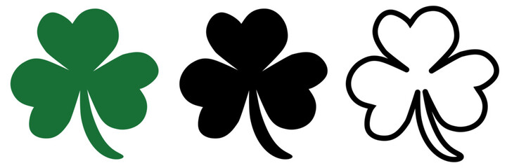 St Patrick's Day three leaf shamrock clover irish good luck fortune flat vector icon set isolated on transparent background - obrazy, fototapety, plakaty