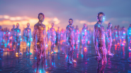 An army of holographic human figures, lavender neon colors