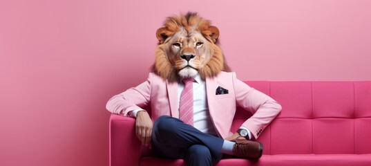 Friendly lion in corporate suit pretending to work, studio shot on plain wall, copy space for text. - obrazy, fototapety, plakaty