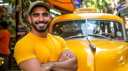 Smiling bearded taxi driver with crossed arms, by yellow cab, exuding confidence and style