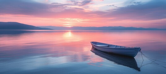 Tranquil boat in calm sea waters near beachline, quiet pastel landscape with copy space