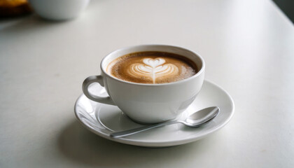Naklejka premium A hot cup of coffee on a saucer, set against a white background, casting a subtle shadow.