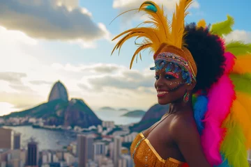 Abwaschbare Fototapete African woman portrait in a bright carnival costume on a Rio Janeiro city © mirifadapt