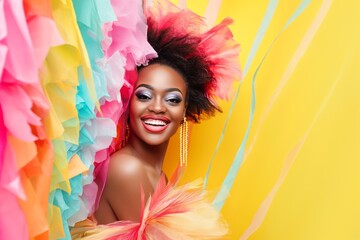 African woman in a bright carnival costume on bright background