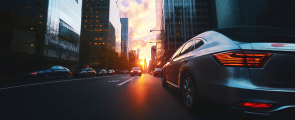 Street view with skyscrapers in the sunset. Cars on the wide sunlit lanes of the street. Image made by Generative AI