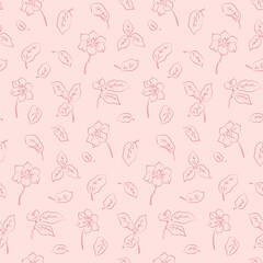 Seamless floral pattern, delicate abstract ditsy print with outline sketch plants. Cute botanical design: hand drawn line art flowers buds, leaves isolated on light background. Vector illustration
