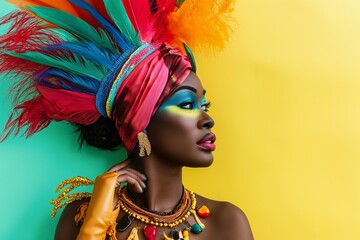 African woman in a bright carnival costume on bright background - obrazy, fototapety, plakaty