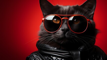 A fashion-conscious cat rocks a casual yet stylish look, complete with denim and trendy sunglasses, against a vivid red backdrop. Its modern style and cute appeal are truly captivating