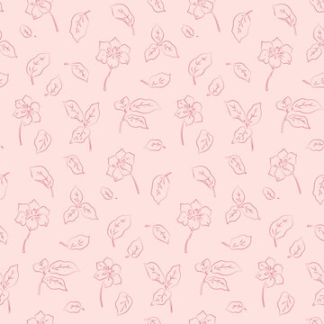 Seamless floral pattern, delicate abstract ditsy print with outline sketch plants. Cute botanical design: hand drawn line art flowers buds, leaves isolated on light background. Vector illustration