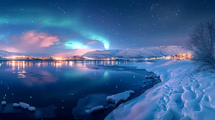 Poster Aurores boréales aurora borealis, northern winter-landscape
