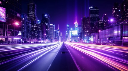 Futuristic neon cityscape  vibrant skyscrapers, dynamic streets, and dazzling light trails