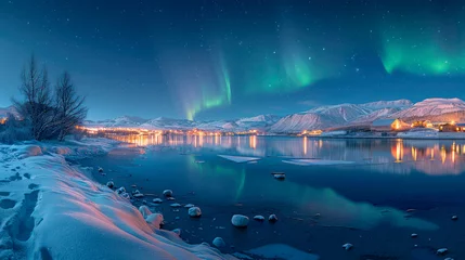 Fototapeten aurora borealis, northern winter-landscape © Comofoto