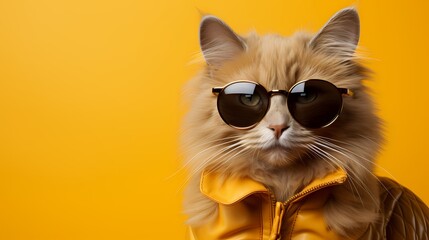 A fashion-forward cat showcases its individuality in a vibrant outfit and stylish glasses against a solid bright yellow background. 