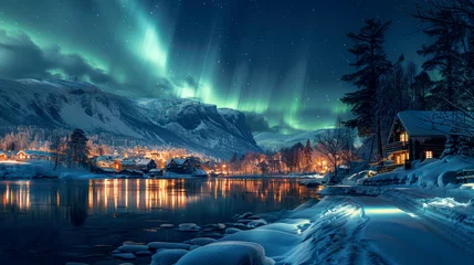 Fototapete Nordlichter aurora borealis, northern winter-landscape