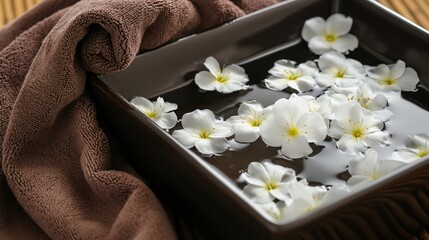 flowers floating in square bowl with towels