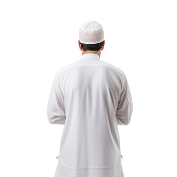 muslim man with traditional white cloth and cap on islam praying position. Rear view of young Asian doing Shalat. isolated white background for Hajj, Umrah, or Ramadan