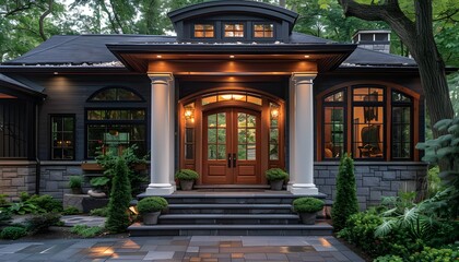 Fototapeta premium Indian Cottage Elegance: Majestic Wooden Door and Gabled Porch Entrance