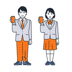 スマートフォンの画面を見せる学生のシンプルなベクターイラストセット素材
