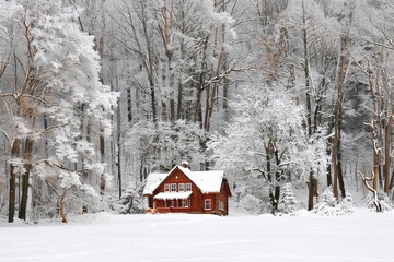 A cabin stands surrounded by a dense snowy forest, showcasing a serene winter scene with snow-covered trees and a quiet atmosphere. Generative AI