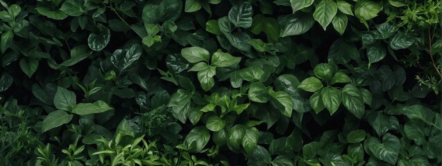 Deep green leafy texture in a natural garden. Foliage background for an earthy and sustainable cover page.  - obrazy, fototapety, plakaty
