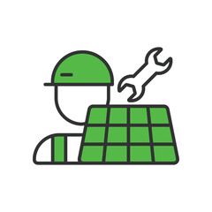 Solar Energy Installation and Maintenance icon in line design, green. Solar, installation, system, isolated on white background vector. Solar Energy Installation and Maintenance editable stroke icon.