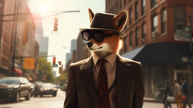 A fashion-forward fox sporting a fedora and a tailored suit, strutting down a city sidewalk with wireless headphones, exuding confidence