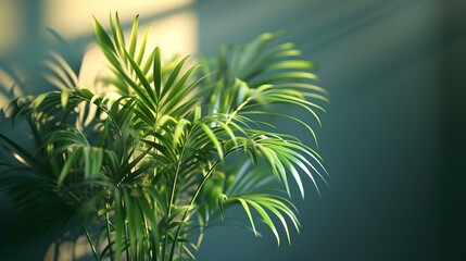 Tranquil green indoor palm leaves bathed in sunlight. home decor and natural elements in urban spaces. refreshing botanical environment. AI