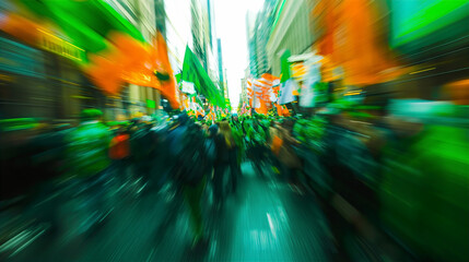 Blurred background of a crowded Saint Patrick's Day parade. Generative Ai.