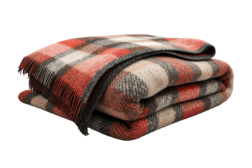 folded warm wool checkered plaid blanket on transparent background, Png format.