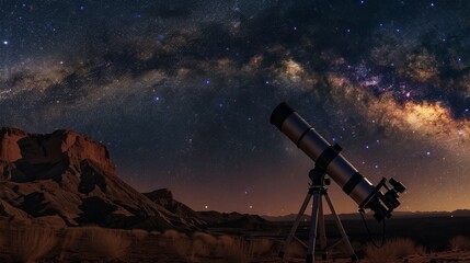 Stargazing at the Milky Way in a remote desert, a telescope by side 