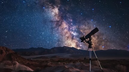 Stargazing at the Milky Way in a remote desert, a telescope by side 