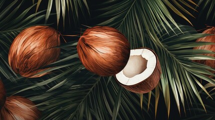 Background of tropical leaves and fresh coconut, top view. A creative concept of healthy eating, relaxation, and summer.