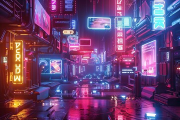 A cityscape at night featuring futuristic architecture, neon signs, and vibrant neon lights illuminating the streets and buildings. Generative AI