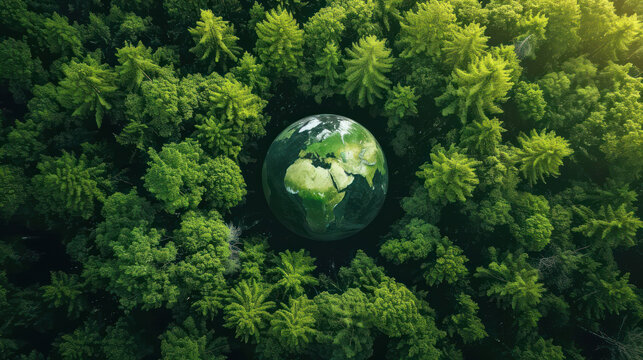 Green globe planet earth surrounded by forest trees. Development of recycling and production infrastructure with low environmental impact. Eco solutions. Investment in green industry projects.