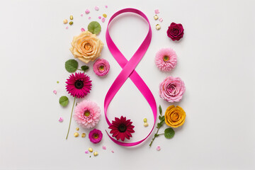 number eight made of pink ribbon and a pattern of flowers, international women's day, March 8