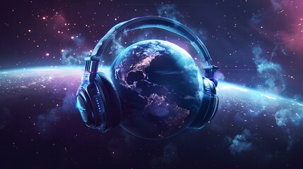 Planet earth wearing headphones in a vibrant cosmic scenery. futuristic digital art for music and space themes. ideal for posters. AI - obrazy, fototapety, plakaty