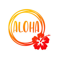 Logo vacaciones en Hawái. Marco circular con líneas con  palabra aloha y silueta de flor de hibisco © teracreonte