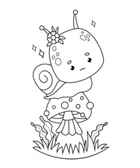 Cute snail character. Comic insect on mushroom. Line drawing, coloring book. Kids collection. Vector illustration.