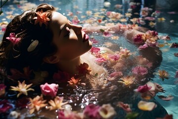 A girl in a pool embraced by flower petals representing a luxurious resort. Concept Luxury Resort, Poolside Glamour, Flower Petals, Summer Vibes, Serene Escape