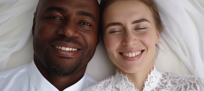 Peaceful multiracial couple in 20s sleeping on white bed with blanket, ample text space - Powered by Adobe