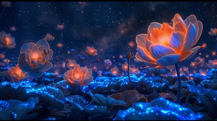 Enchanting garden with towering blossoms and glowing mushrooms emitting shimmering light