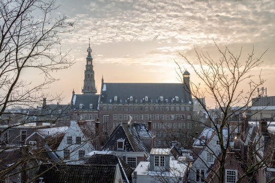 The view of City Hall steeple from the The Burcht van Leiden (Fort of Leiden), an old shell keep in Leiden constructed in the 11th century. Netherlands. the gate, the walls, the inner part (bailey) of