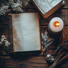 Fototapeta na wymiar a book and candle on a table