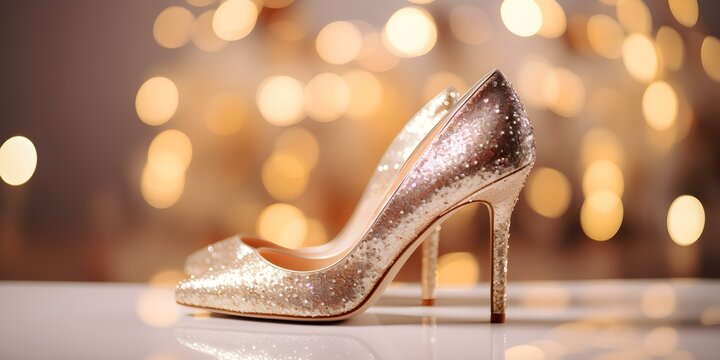 Elegant women party wear high heels golden bellies decorated with brown  ribbon and white stone that make it more attractive and stylish Stock Photo  | Adobe Stock