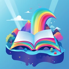 a book with rainbow and mountains