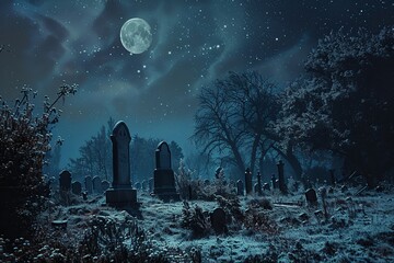 A cemetery at night featuring headstones under the glow of a full moon in the sky, creating an eerie and haunting atmosphere. Generative AI - obrazy, fototapety, plakaty