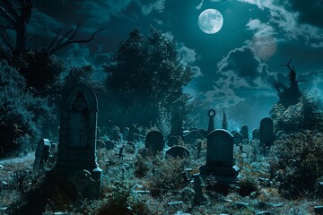Obraz premium A cemetery at night under a full moon, with headstones silhouetted against the sky. Generative AI